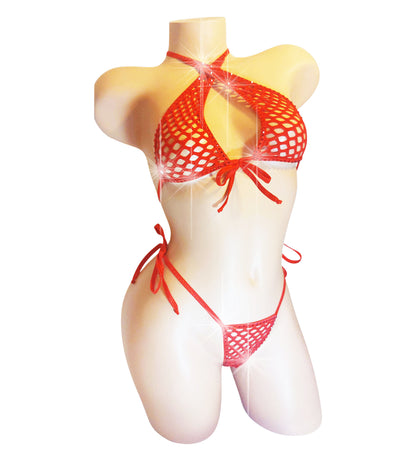 Red fishnet halter top and tie side bottom with rhinestone outline on a curvy mannequin torso.