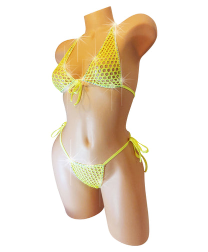 FULLY lined! Glow Neon yellow Fishnet tie halter set - AA to DD cups! Sexy Rave clothes Stripper outfits Exotic dancewear
