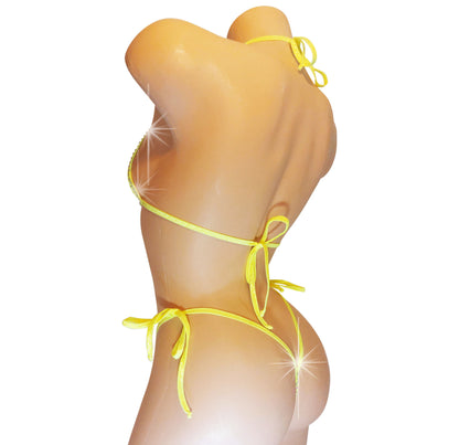 FULLY lined! Glow Neon yellow Fishnet tie halter set - AA to DD cups! Sexy Rave clothes Stripper outfits Exotic dancewear