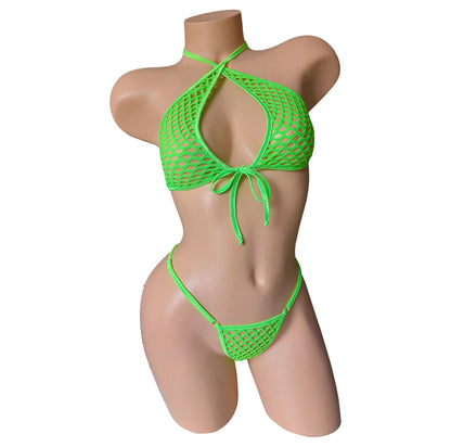 Sexy Neon Green Fishnet Halter & adjustable waist thong Set.