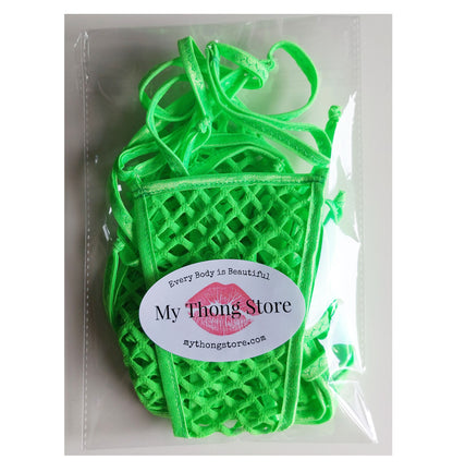 Sexy Neon Green Fishnet Halter & adjustable waist thong Set.