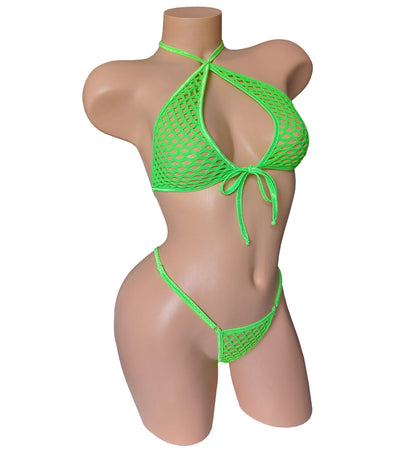 Sexy Neon Green Fishnet Halter & adjustable waist thong Set.