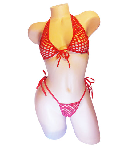 GLOW GREEN RHINESTONE Fishnet tie halter set - Sexy Rave clothes Stripper outfits & Exotic dancewear designs