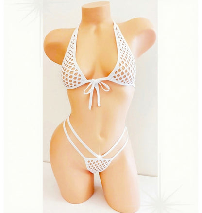 White fishnet bikini set displayed on a beige mannequin torso against a white background.