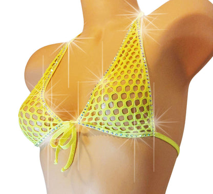 Fishnet Rhinestone LINED halter crop Top - Glow in Black Light colors!! From AA cups to DD cups, XS to XL.  Rave festival Stripper outfits Pole Exotic dancewear