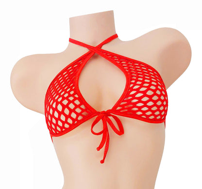 A bright red fishnet cutout bikini top displayed on a beige mannequin torso against a plain white background.