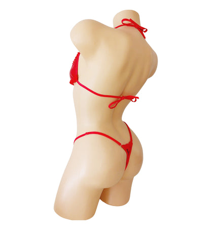 Sexy metallic red red mesh ruffled two piece g-string thong bikini on a curvy mannequin, on a white background, rear view.