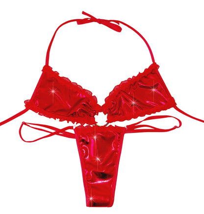 Sexy metallic red red mesh ruffled two piece g-string thong bikini product shot on a white background.