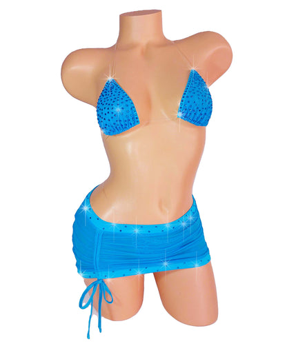 Cobalt Blue Rhinestone mesh Designer Set skirt and Clear Elastic illusion bikini set - MICRO illusion bikini from AA to DD cups