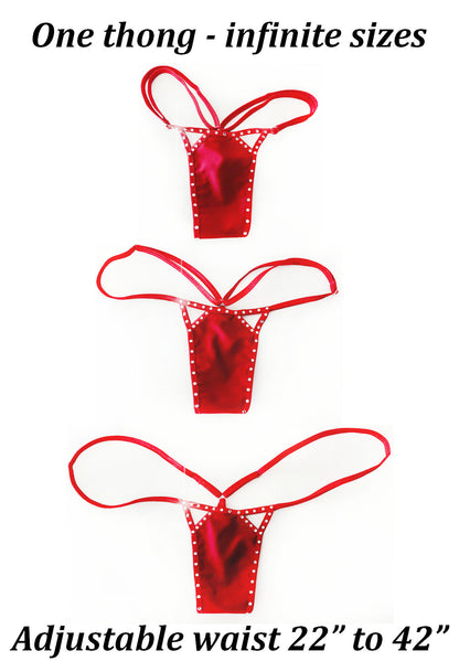 Photo showing how burgundy thong with cutouts and rhinestones has adjustable and extendable waist straps.