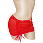 Red mesh rhinestone accented micro mini skirt.