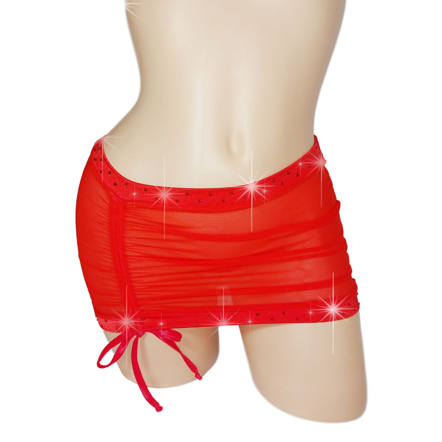 Red mesh rhinestone accented micro mini skirt.