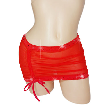 Red mesh rhinestone accented micro mini skirt.