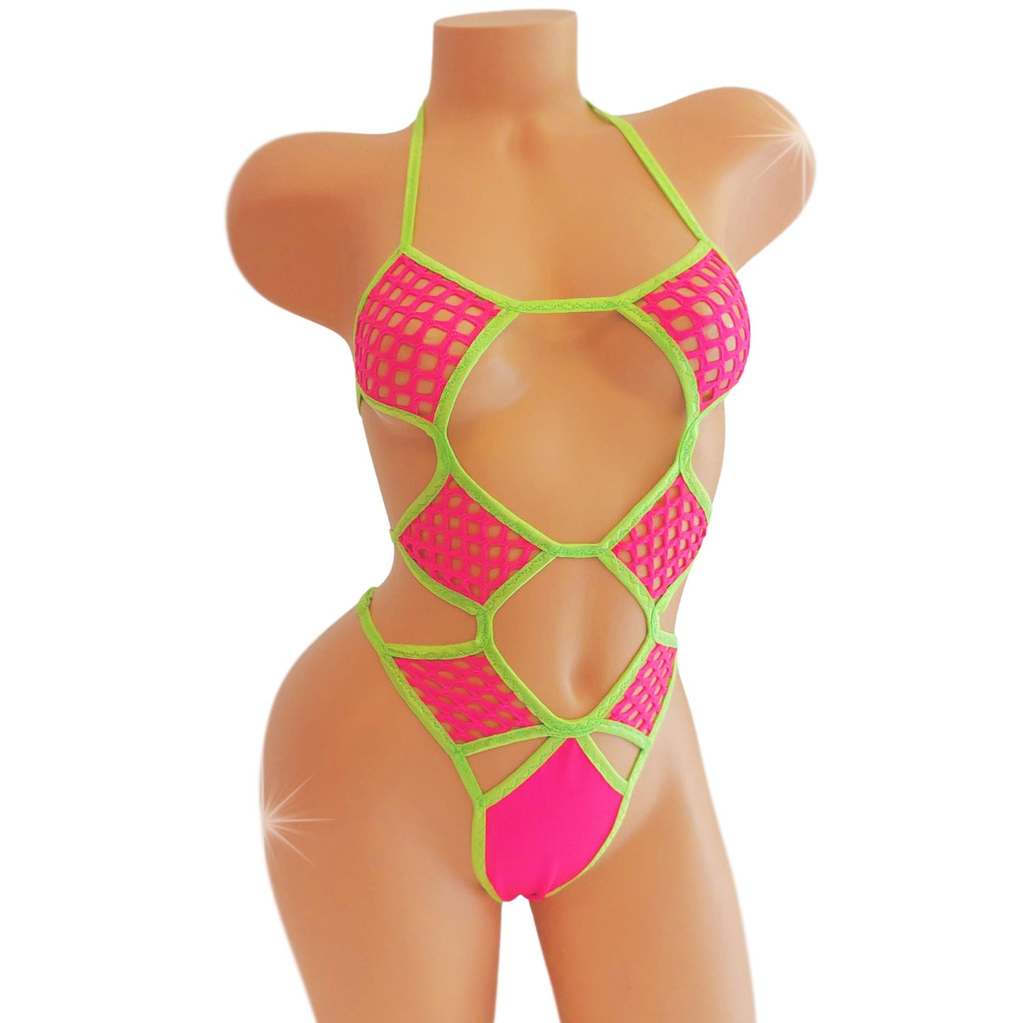 Original design hot pink and neon green fishnet bodysuit one-piece.