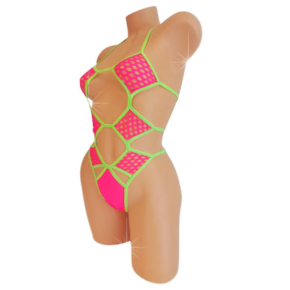 Original design hot pink and neon green fishnet bodysuit one-piece.