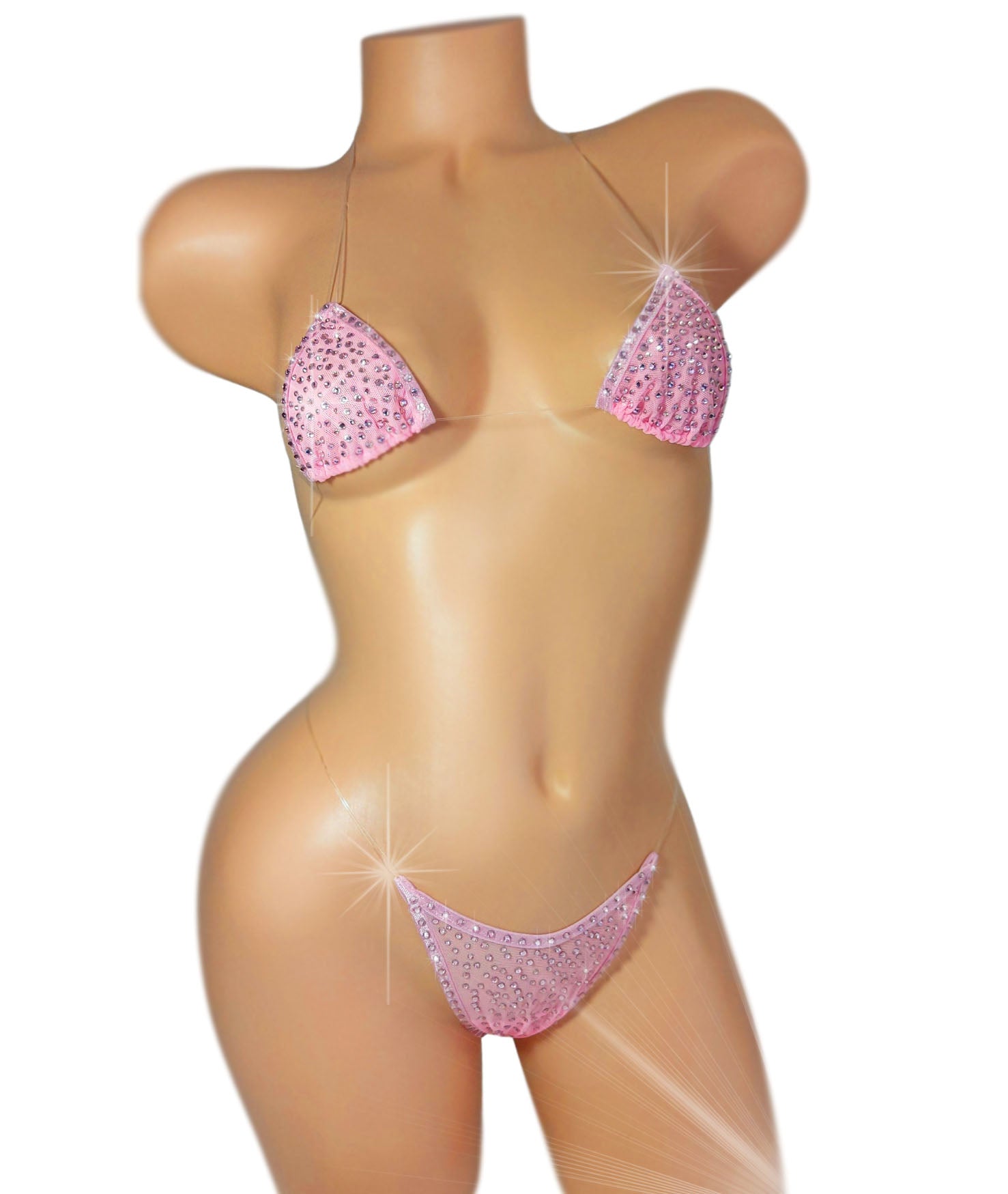 Baby Pink mesh clear string bikini encrusted with pale rose rhinestones.