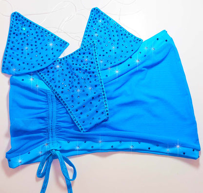Cobalt Blue Rhinestone mesh Designer Set skirt and Clear Elastic illusion bikini set - MICRO illusion bikini from AA to DD cups