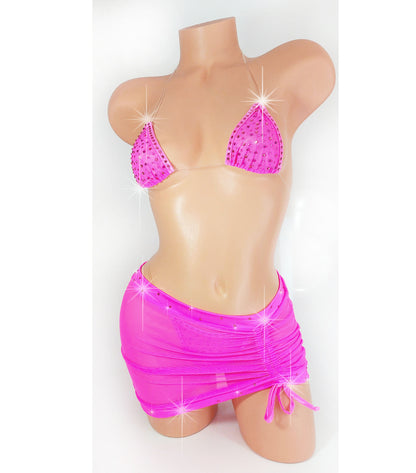GLOW Black Light Hot Pink mesh Rhinestone Designer Set - Clear Elastic MICRO illusion bikini from AA to DD cups
