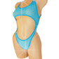 Rhinestone adorned Baby Blue Mesh bodysuit one piece, on a curvy mannequin, designed for exotic dancer, pole dance and stripper outfits.