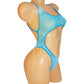 Rhinestone adorned Baby Blue Mesh bodysuit one piece, on a curvy mannequin, designed for exotic dancer, pole dance and stripper outfits.