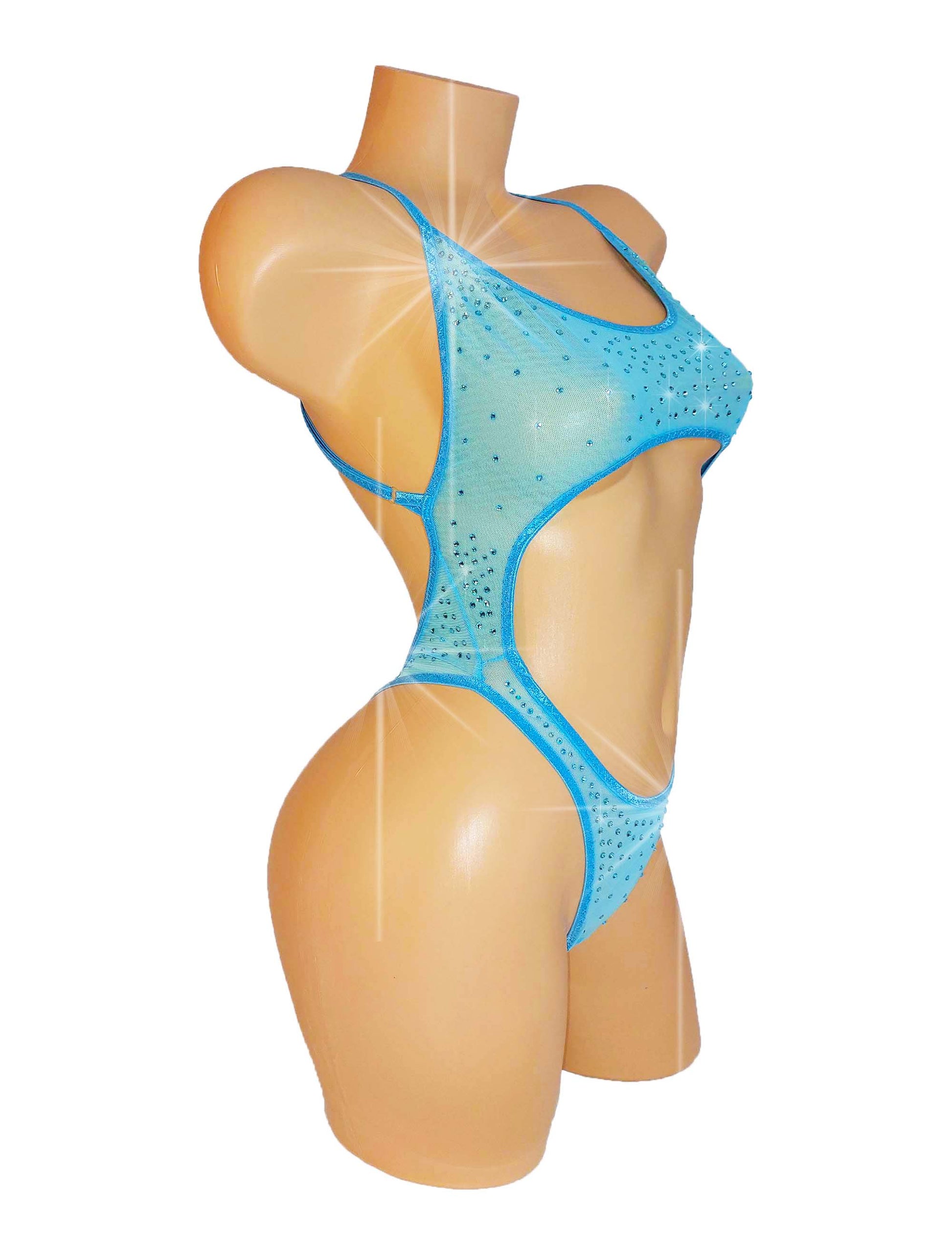 Rhinestone adorned Baby Blue Mesh bodysuit one piece, on a curvy mannequin, designed for exotic dancer, pole dance and stripper outfits.