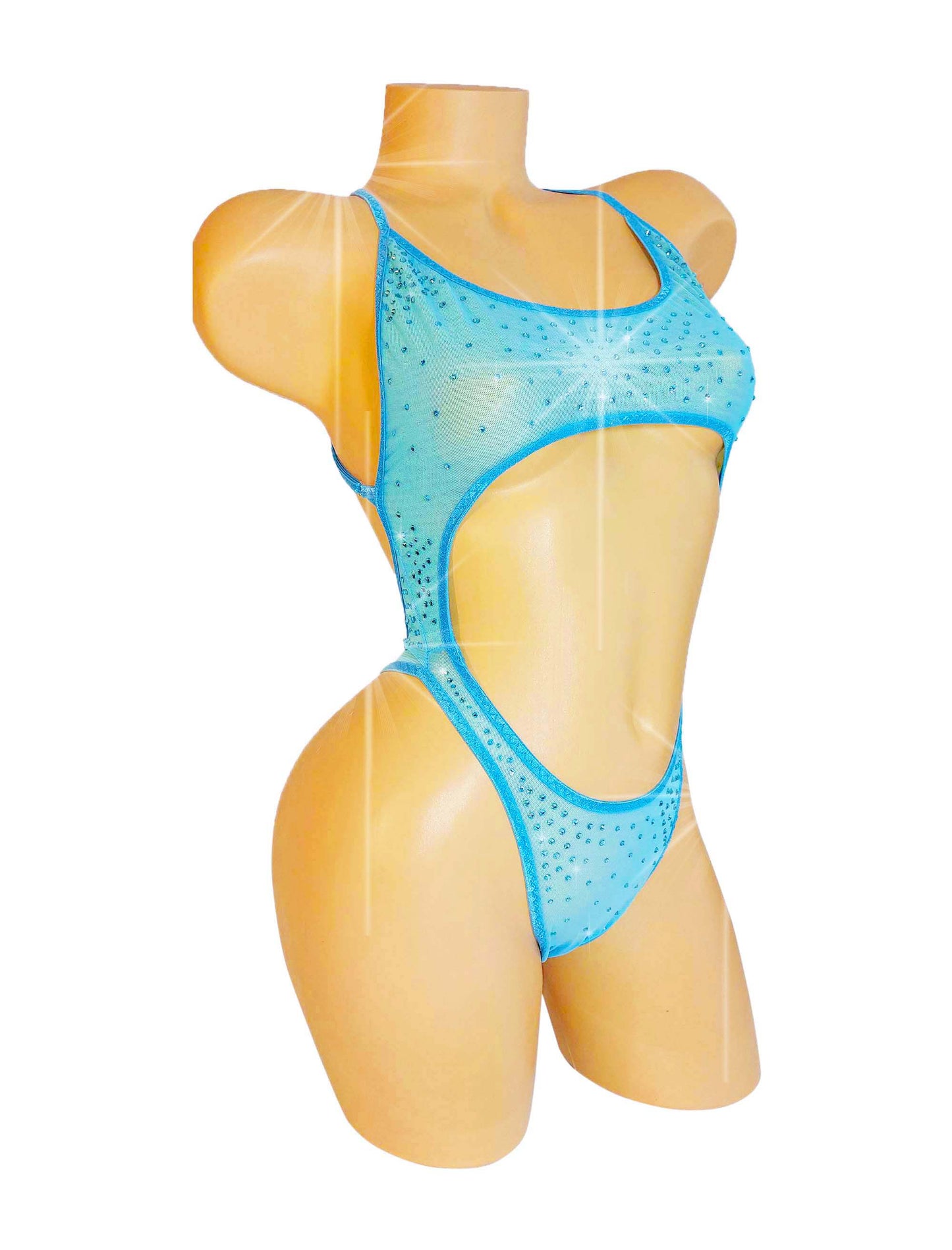 Rhinestone adorned Baby Blue Mesh bodysuit one piece, on a curvy mannequin, designed for exotic dancer, pole dance and stripper outfits.