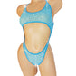 Rhinestone adorned Baby Blue Mesh bodysuit one piece, on a curvy mannequin, designed for exotic dancer, pole dance and stripper outfits.