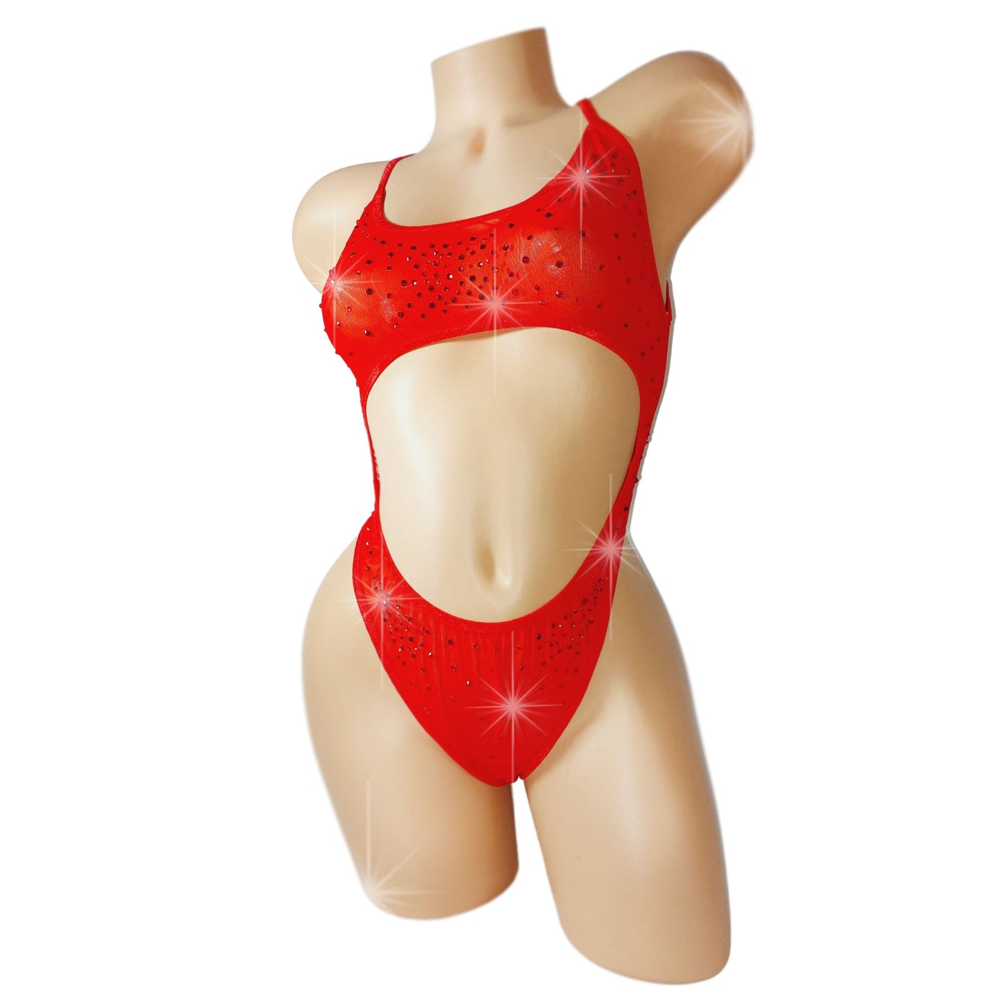 Sexy Bright red mesh cutout bodysuit covered with multi-sized red rhinestones.