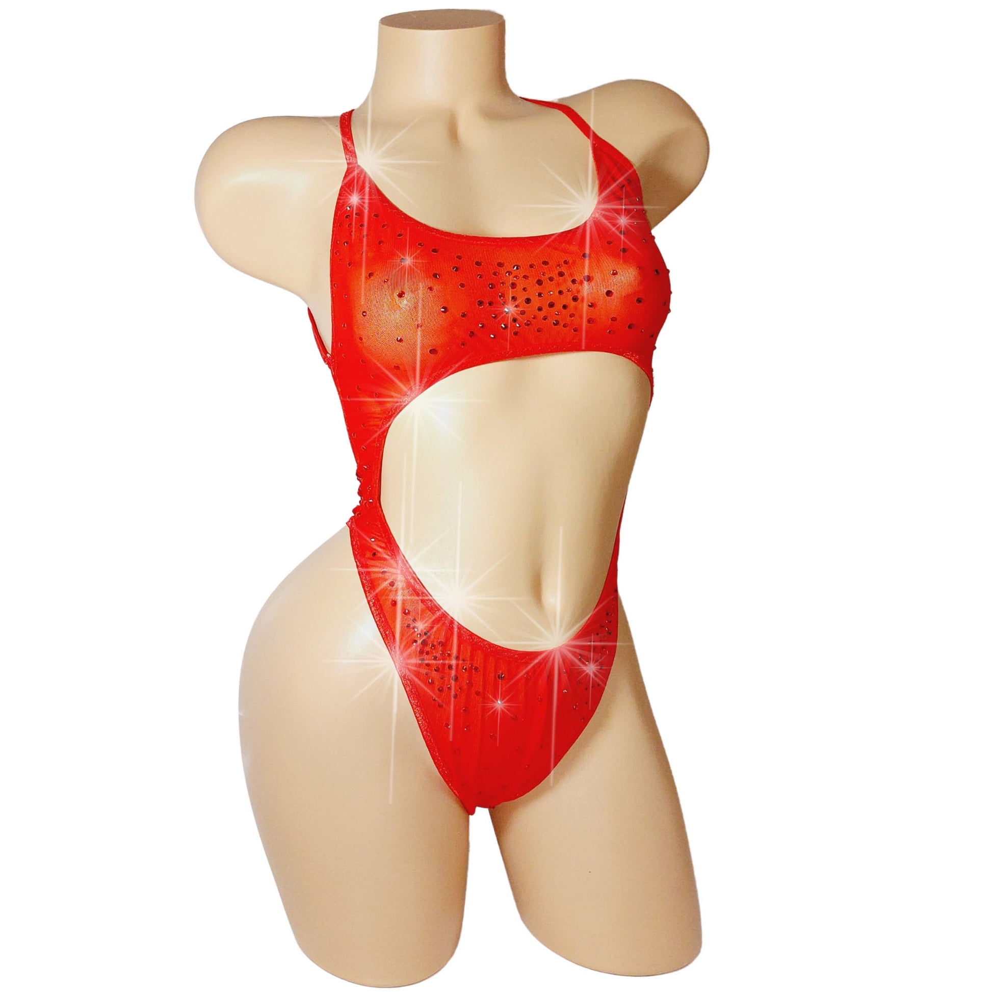 Sexy Bright red mesh cutout bodysuit covered with multi-sized red rhinestones.