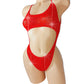 Sexy Bright red mesh cutout bodysuit covered with multi-sized red rhinestones.