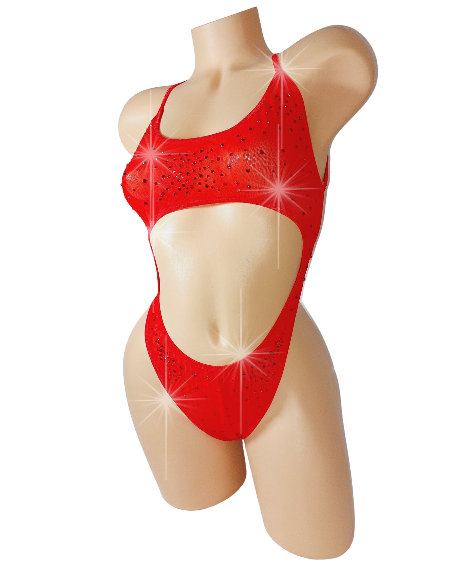 Sexy Bright red mesh cutout bodysuit covered with multi-sized red rhinestones.