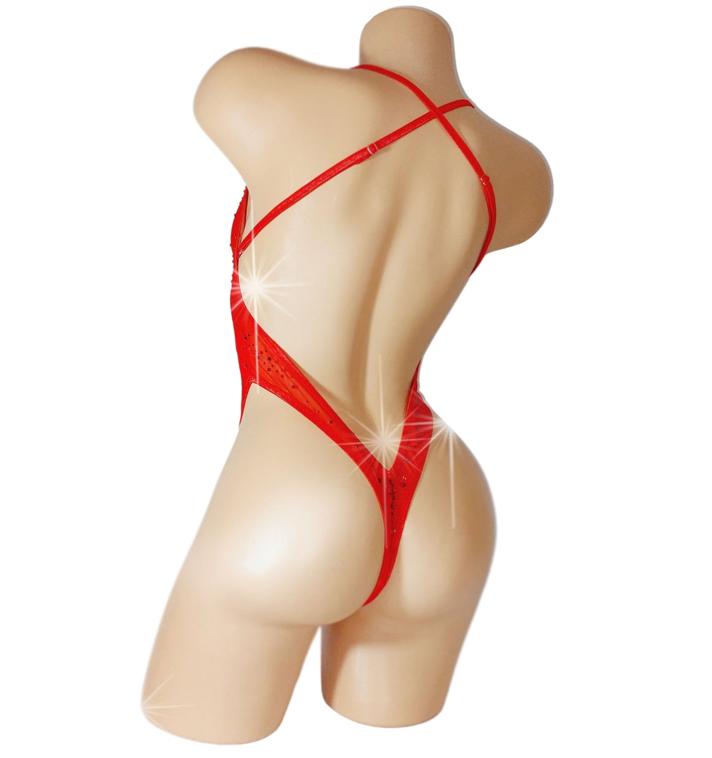 Sexy Bright red mesh cutout bodysuit covered with multi-sized red rhinestones, rear view.