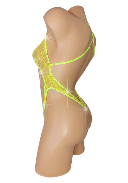 Sexy dancer GLOW Lace One Piece - Rhinestones -adjustable neck straps - Stripper outfits Exotic Dancewear Pole Dance fits SW lingerie