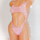 Baby Pink mesh one piece bodysuit with large center cutout, covered in rhinestones, pictured on a curvy mannequin.