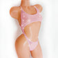 Baby Pink mesh one piece bodysuit with large center cutout, covered in rhinestones, pictured on a curvy mannequin.