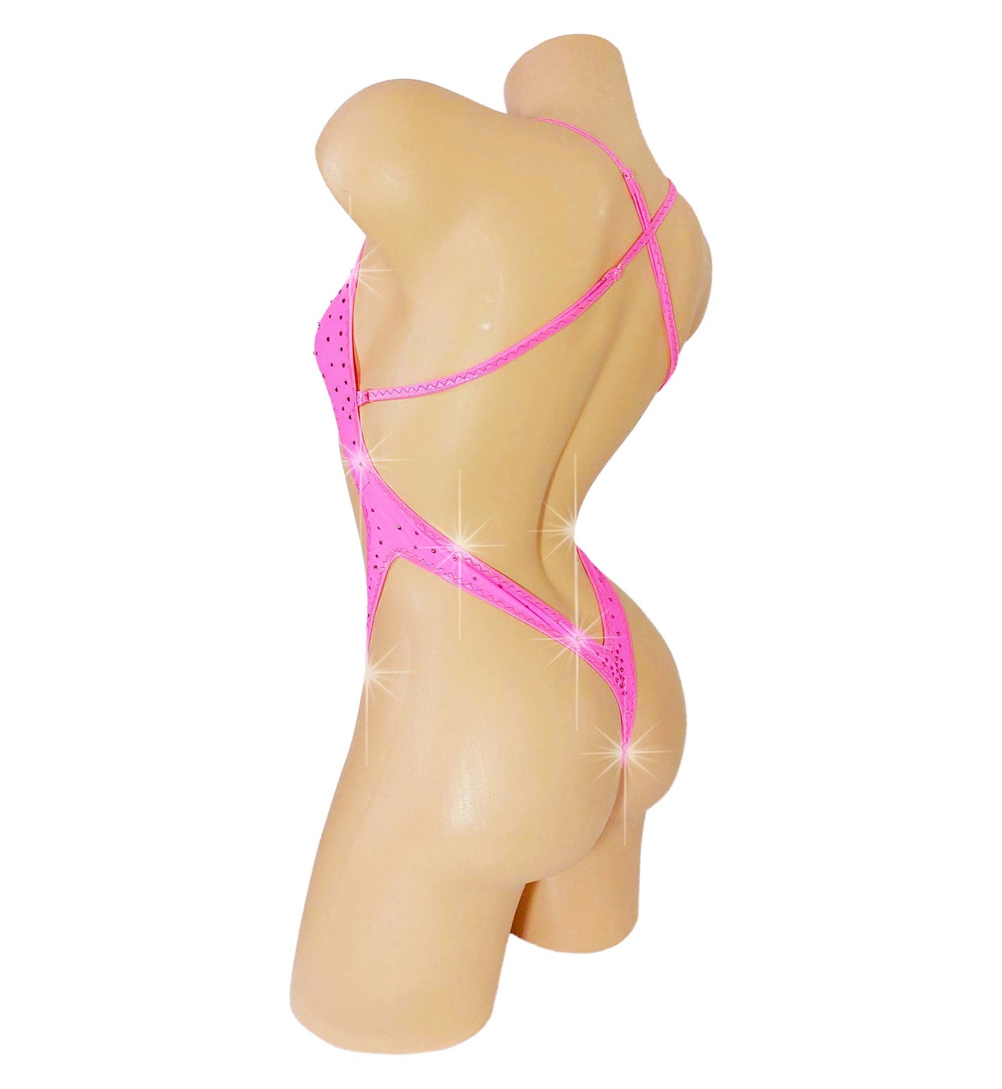 Sexy dancer One Piece - dripping in Pink Rhinestones - GLOWS in Black Light - adjustable neck straps - designed for Stripper outfits, Exotic Dancewear, Pole Dance fits, SW lingerie