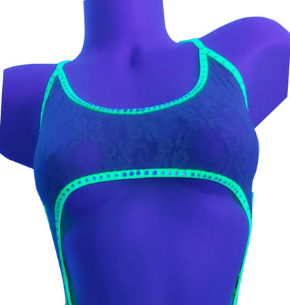 Sexy dancer GLOW Lace One Piece - Rhinestones -adjustable neck straps - Stripper outfits Exotic Dancewear Pole Dance fits SW lingerie