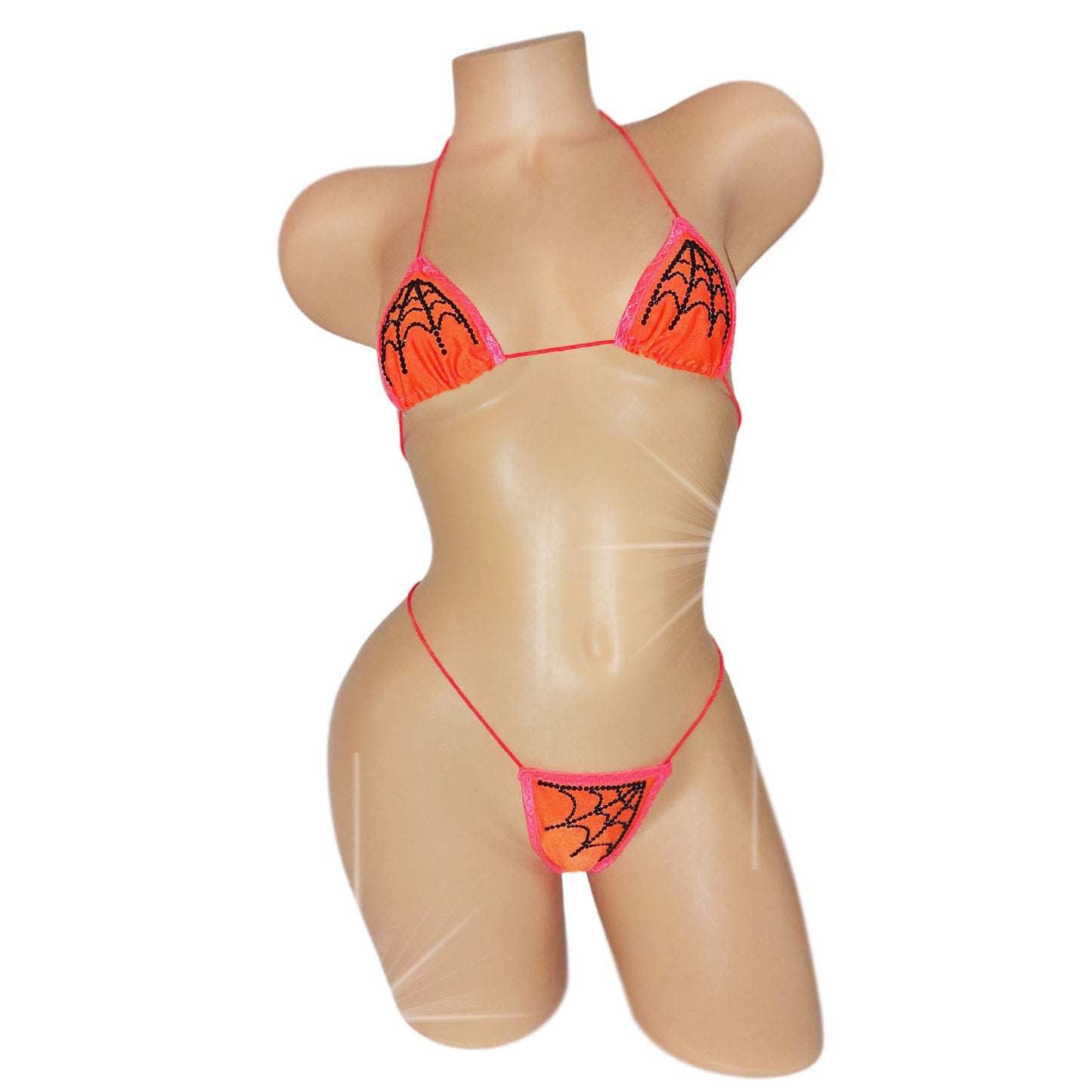 Sexy Orange Halloween bikini with black rhinestone spiderweb pattern on a curvy mannequin.