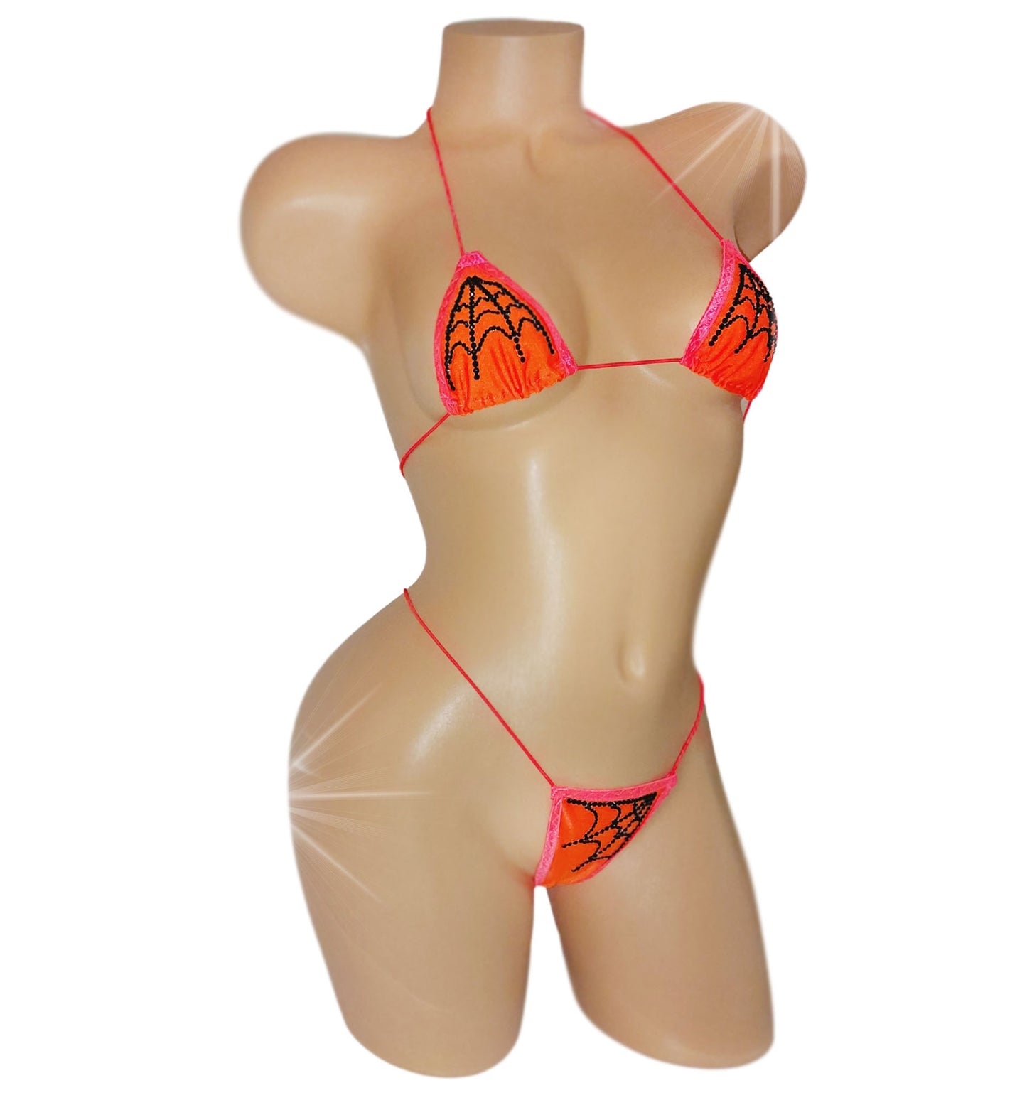 Sexy Orange Halloween bikini with black rhinestone spiderweb pattern on a curvy mannequin.