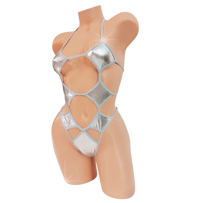 Metallic silver one piece bodysuit with cutouts on a curvy mannequin.