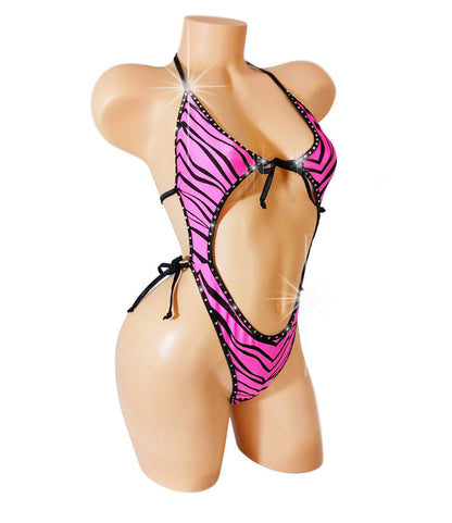 Pink Zebra TIE ME UP one piece * AA cups to DD*  XS to XL * Every strap adjustable * Exotic Pole dance and Stripper outfits *