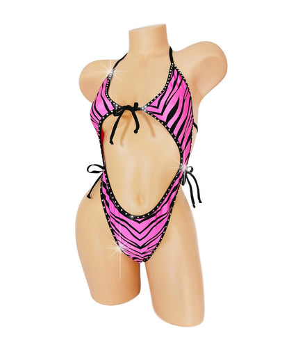 Pink Zebra TIE ME UP one piece * AA cups to DD*  XS to XL * Every strap adjustable * Exotic Pole dance and Stripper outfits *