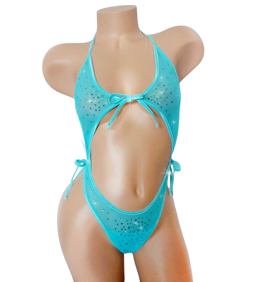 Hand-applied topaz Rhinestone One-Piece bodysuit leotard - NEW