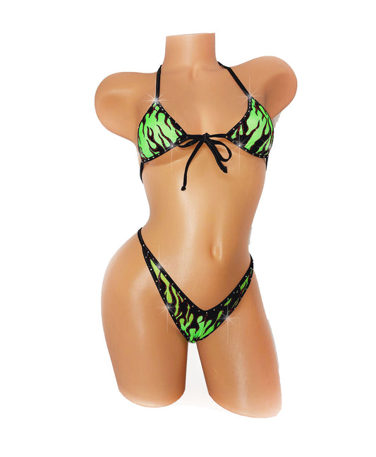 NEW! Flame bikini - Green, Red or Hot Pink * AA cup to DD cups * Adjustable waist * Pole dance, exotic dancewear, strippers