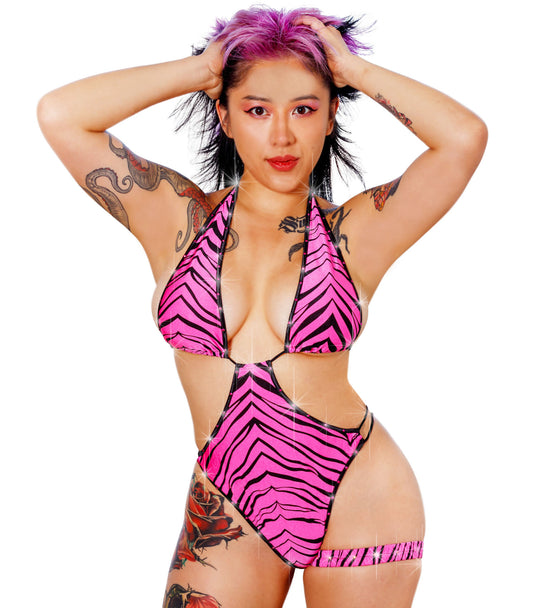 New Style! Pink Zebra rhinestone One Piece - high waist