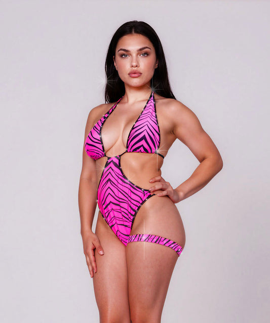 Pink Zebra rhinestone One Piece - high waist