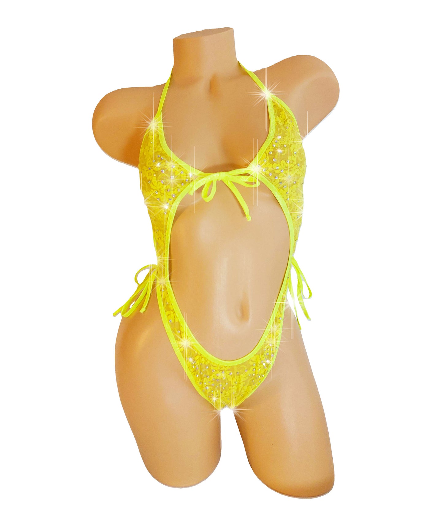 Monokini Lace One Piece - Adjustable ties Fluorescent Neon Yellow trim ~ Stretch lace lingerie one piece thong monokini for stripper pole exotic dancewear