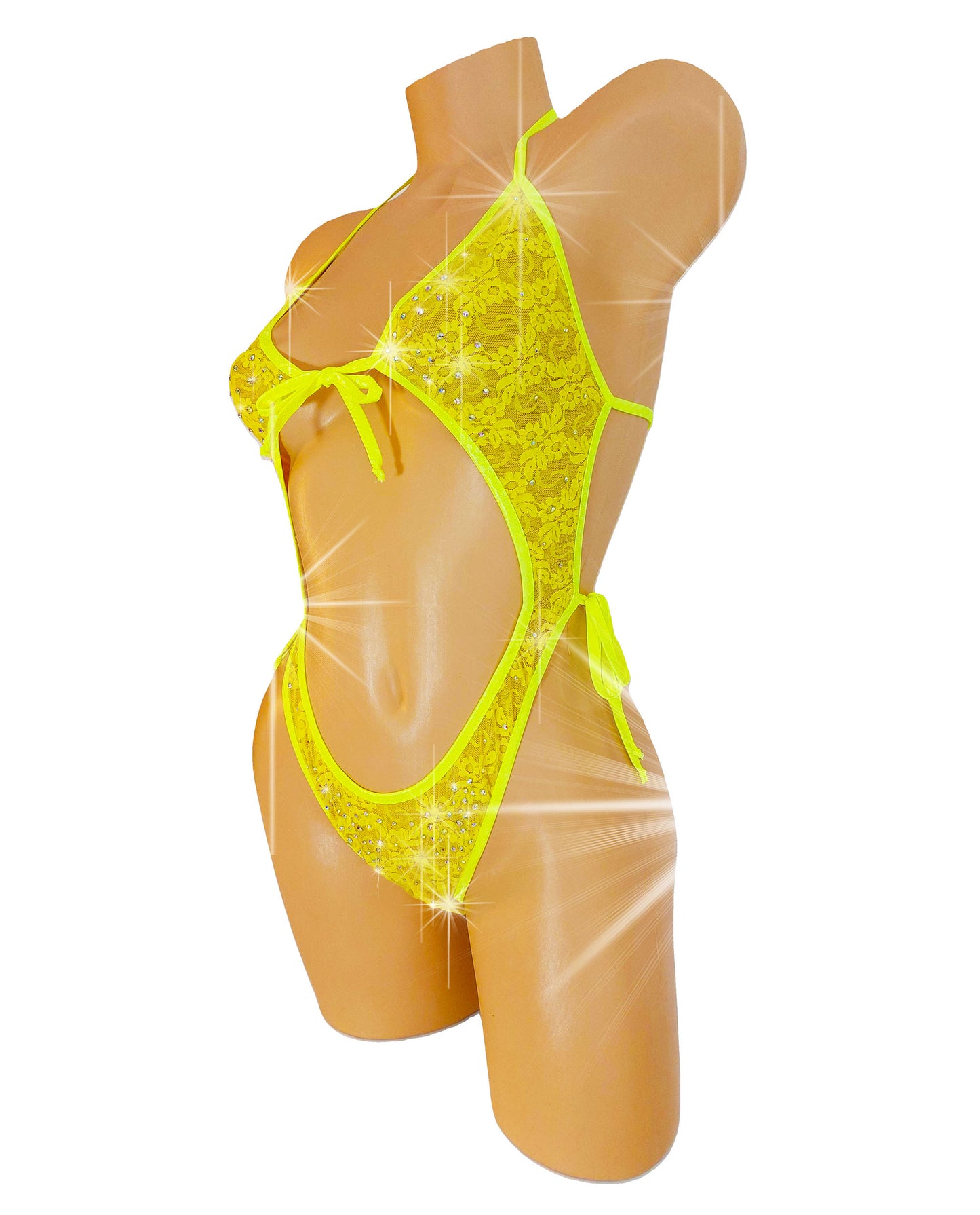 Monokini Lace One Piece - Adjustable ties Fluorescent Neon Yellow trim ~ Stretch lace lingerie one piece thong monokini for stripper pole exotic dancewear