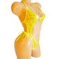 Monokini Lace One Piece - Adjustable ties Fluorescent Neon Yellow trim ~ Stretch lace lingerie one piece thong monokini for stripper pole exotic dancewear