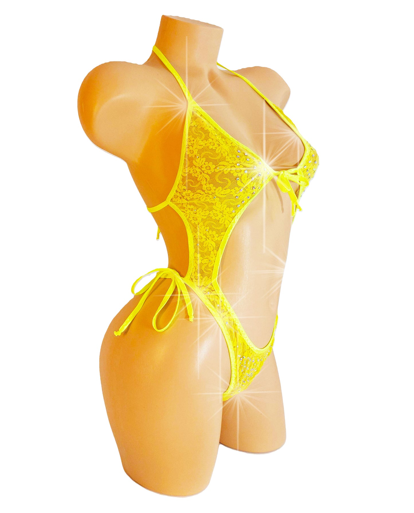 Monokini Lace One Piece - Adjustable ties Fluorescent Neon Yellow trim ~ Stretch lace lingerie one piece thong monokini for stripper pole exotic dancewear